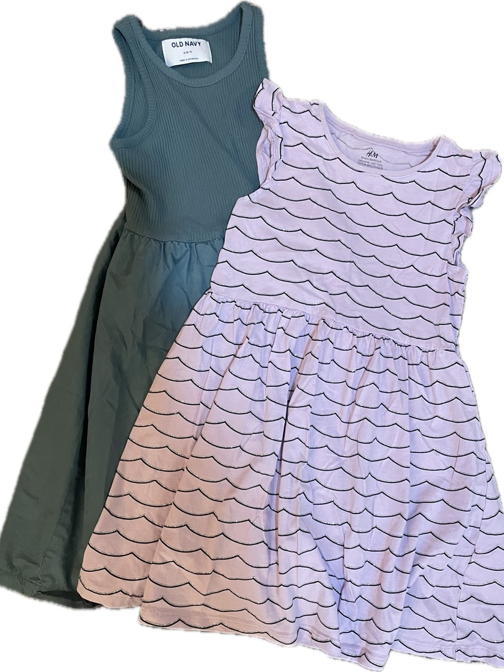 Old Navy Green Ribbed Tank Dress with H&M Lavender Wave-Print Dress Duo
